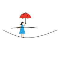Woman balancing on a line holding a red umbrella against a simple background vector