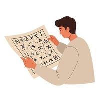 Person examining ancient symbols on a parchment with curiosity and focus vector