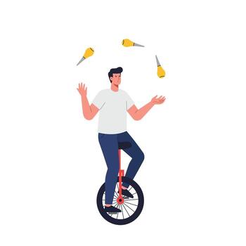Man juggling while riding a unicycle in a vibrant and playful style vector