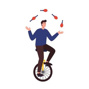 hombre malabares vistoso objetos mientras montando un monociclo en un juguetón ajuste vector