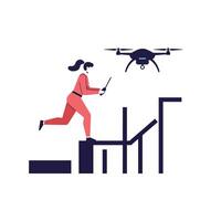 Woman running while controlling drone above stairs with a mobile device vector