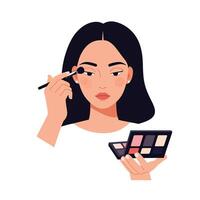 Woman applying makeup with brush and palette in a modern, stylish setting vector