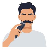 Man grooming mustache with hair clipper in a modern, minimalist setting vector