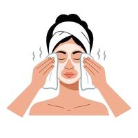 Woman cleansing her face with warm towels in a calming spa-like environment vector
