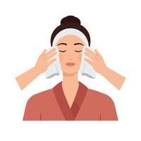 Woman receiving a facial treatment with calming hands and soft towels in a spa setting vector