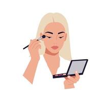 Woman applying makeup with brush using compact in bright and modern style vector