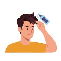 Young man styling hair with product using a comb in a casual setting vector