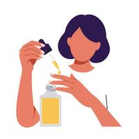 Woman applying serum from dropper into a cosmetic bottle with focused expression vector