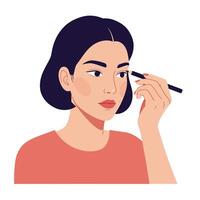 Woman applying makeup with eyebrow pencil in a bright, modern setting vector