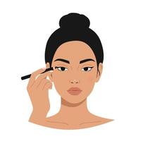 Woman applying eyeliner with precision in a minimalist makeup style vector