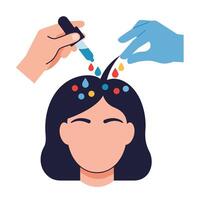 Hair treatment process showing application of serum with dropper on scalp vector