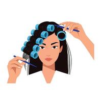 Woman styling hair with curlers and styling tools in a beauty setting vector