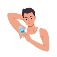 Man applying deodorant with a confident smile in casual athletic wear vector