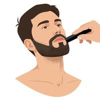 Man receiving a beard trim with a grooming tool in a modern setting vector