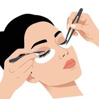 Application of eyelash extensions on a womans eyes with professional tools in use vector