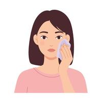 Woman gently cleansing her face with a soft cloth in a skincare routine vector