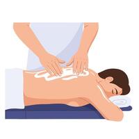 Professional massage therapist applying lotion on a clients back during a treatment session vector