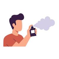 Man spraying fragrance from a bottle with a cloud of mist emerging vector