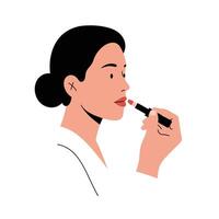 Woman applying lipstick with a focused expression in a minimalist style illustration vector
