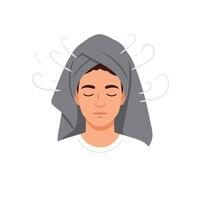 Young person relaxing with a towel on their head after a shower vector