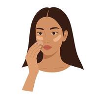 Woman applying skincare product with a focused expression and smooth skin texture vector