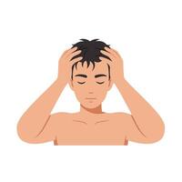 Young man holding his head with a pained expression while standing still vector