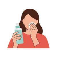 Woman applying skincare product using cotton pad in a minimalistic style vector