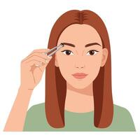 Woman using tweezers to groom eyebrows in a simple, clean setting vector