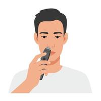 Man using a nose hair trimmer in a bright, clean bathroom setting vector