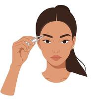 Woman carefully tweezing eyebrows for a polished and defined appearance vector