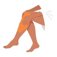 Person applying orange cream to knee while sitting comfortably on a surface vector