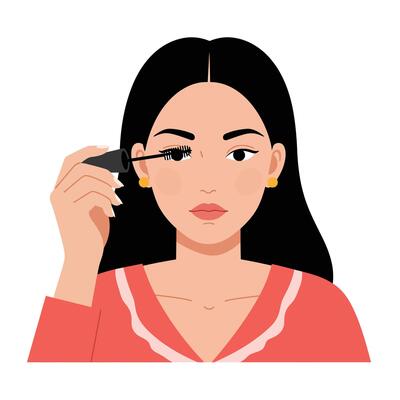 Woman applying mascara in a beauty routine with focused expression and elegant style