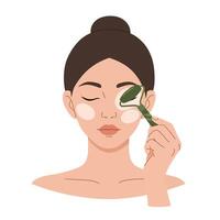 Woman applying skincare with a jade roller to her face in a serene setting vector