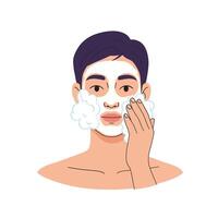 Young man applying a facial cleanser with foam on his face in a skincare routine vector