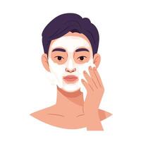 A Young man applying facial cleanser with foam on his face in a skincare routine vector
