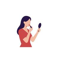 Woman Applying Lipstick While Using Handheld Mirror in Casual Setting vector