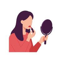 Woman applying lipstick while looking into a handheld mirror with focused expression vector