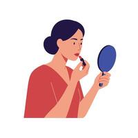 Woman applying lipstick while using a handheld mirror with focused expression vector