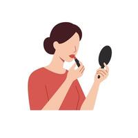 Woman applying lipstick while looking in a handheld mirror in a minimalist style vector