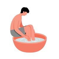 Young man relaxing with feet submerged in a warm water bowl at home vector