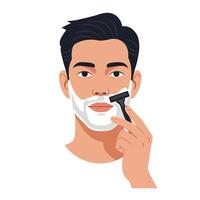 Young man shaving his face with a razor while applying shaving cream in a bathroom vector