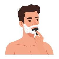 Man shaving with foam on his face using a razor in a bathroom setting vector