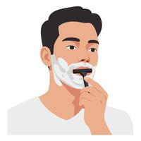 Young man shaving with cream and razor in a clean bathroom setting vector