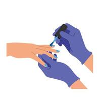 Manicure process with blue nail polish applied to clients hands by technician vector