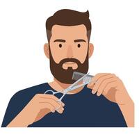 Man carefully trimming his beard with scissors and a comb in a focused manner vector