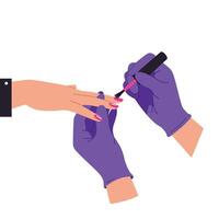 Manicure process showing hands with nail polish application in a salon setting vector
