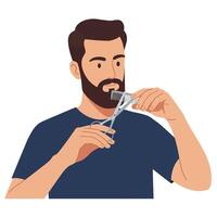 Man trimming his beard with scissors in a casual setting vector