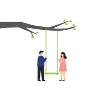Two people enjoying swing under tree in flat art vector