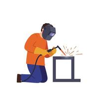Welder using torch in action with sparks, flat art illustration vector