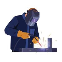 Welder working on metal structure in flat illustration style vector